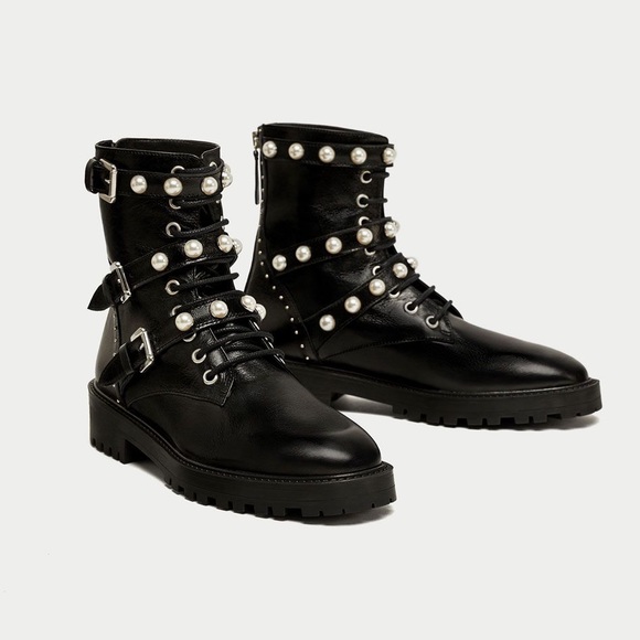 Zara Shoes - Zara Black Leather Ankle Boots Faux Pearls